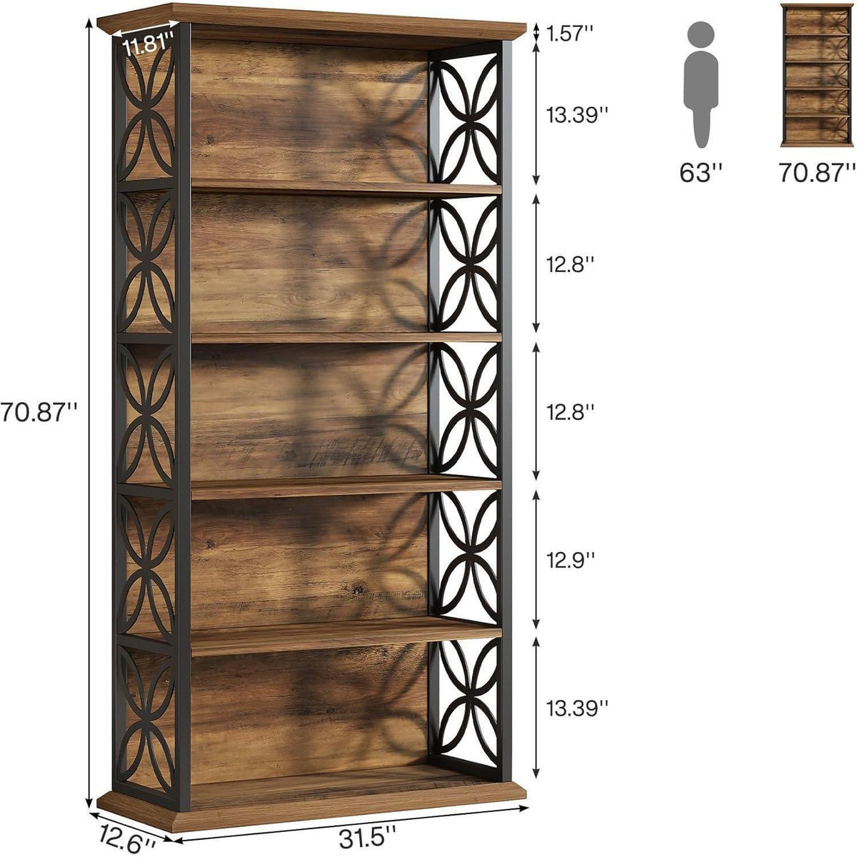 6-Ebenen Bücherregal Industriell, 180cm, Braun