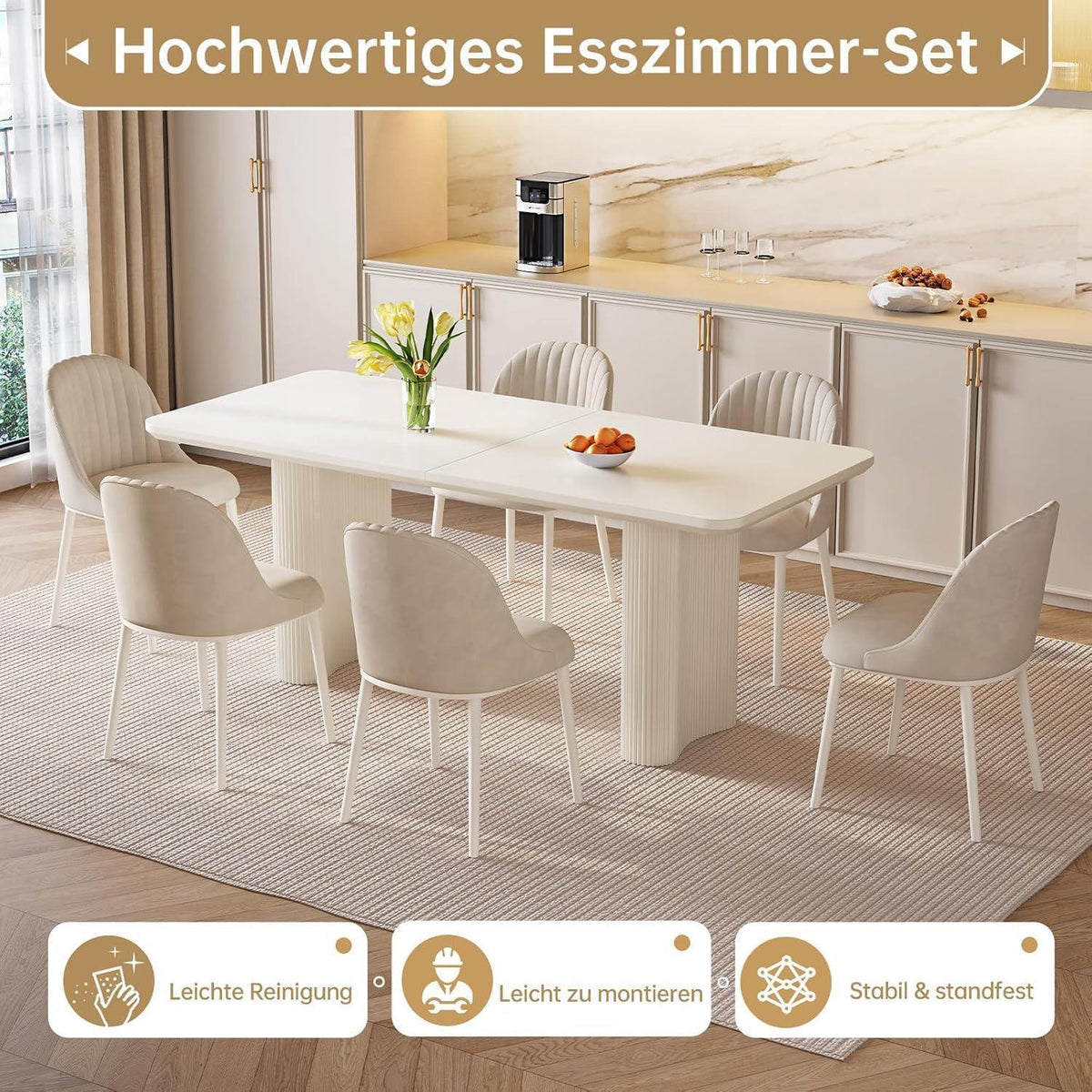 Moderner Esstisch Weiß mit 4 gepolsterten Stühlen – Esszimmer Set
