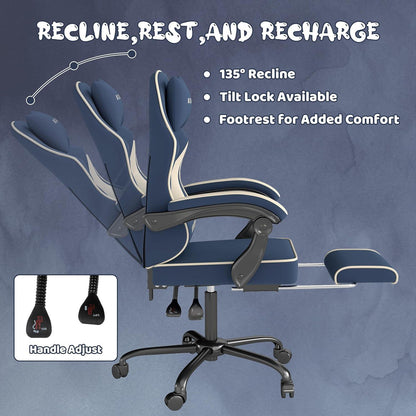 Ergonomischer Gaming Stuhl mit Fußstütze und Kopfstütze in Schwarz