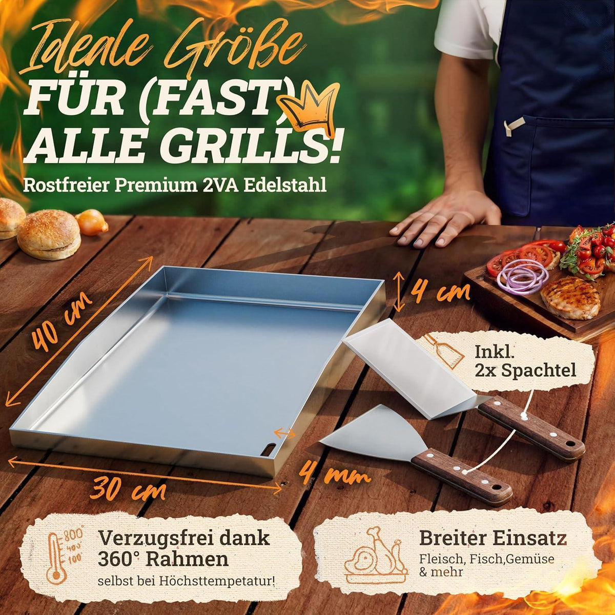 Plancha Edelstahl Grillplatte 30x40cm mit Burger Smasher Set