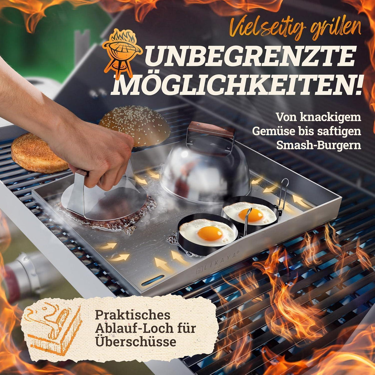 Plancha Edelstahl Grillplatte 30x40cm mit Burger Smasher Set