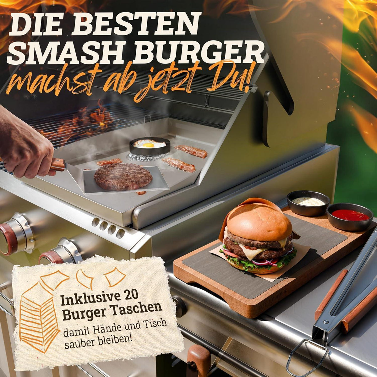 Plancha Edelstahl Grillplatte 30x40cm mit Burger Smasher Set