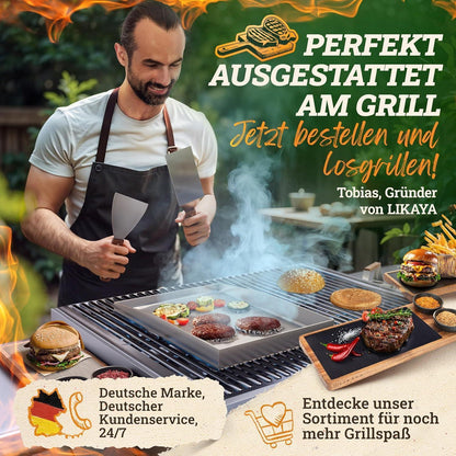 Plancha Edelstahl Grillplatte 30x40cm mit Burger Smasher Set