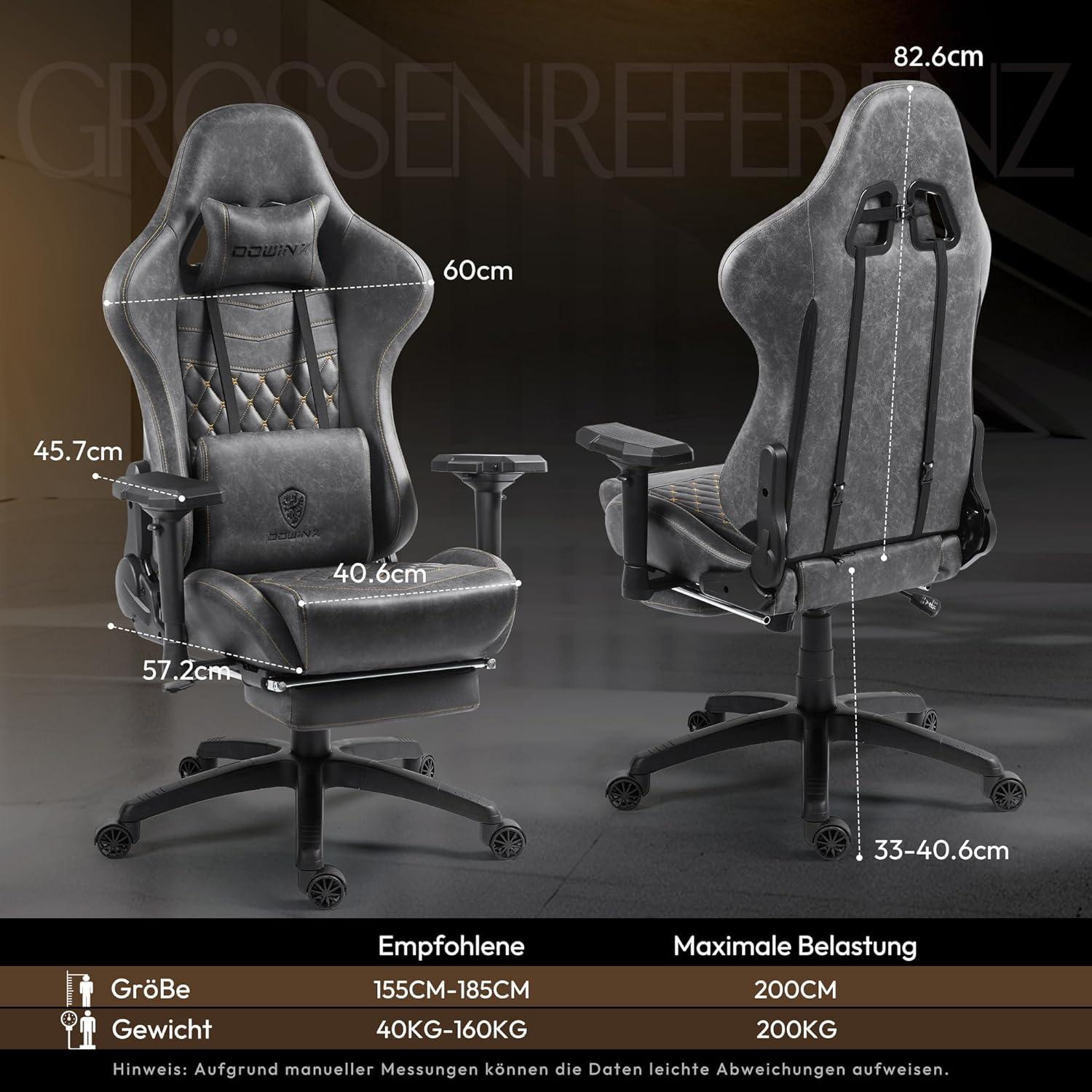 Ergonomischer Gaming Stuhl mit Massage und Fußstütze, Grau