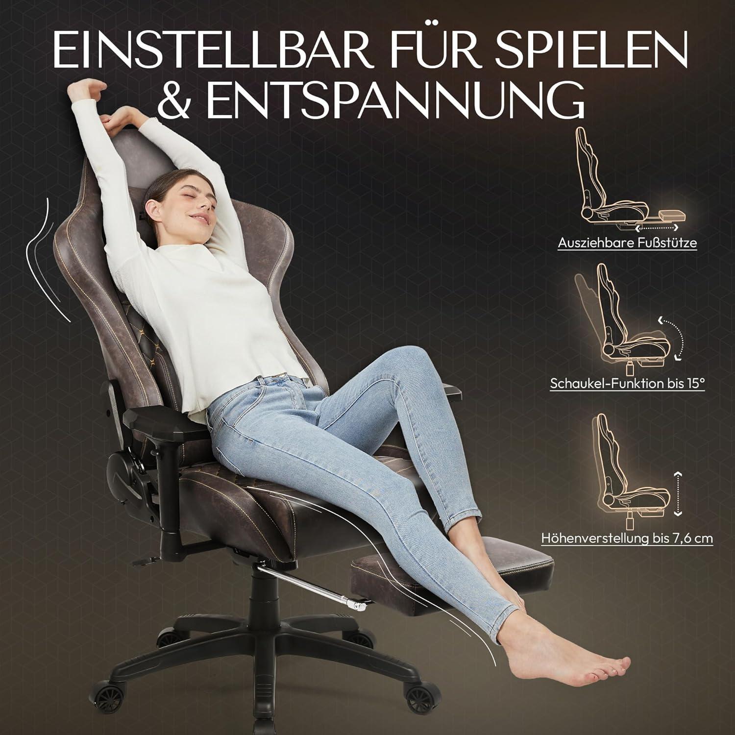 Ergonomischer Gaming Stuhl Bürostuhl mit Massage und Fußstütze - Braun