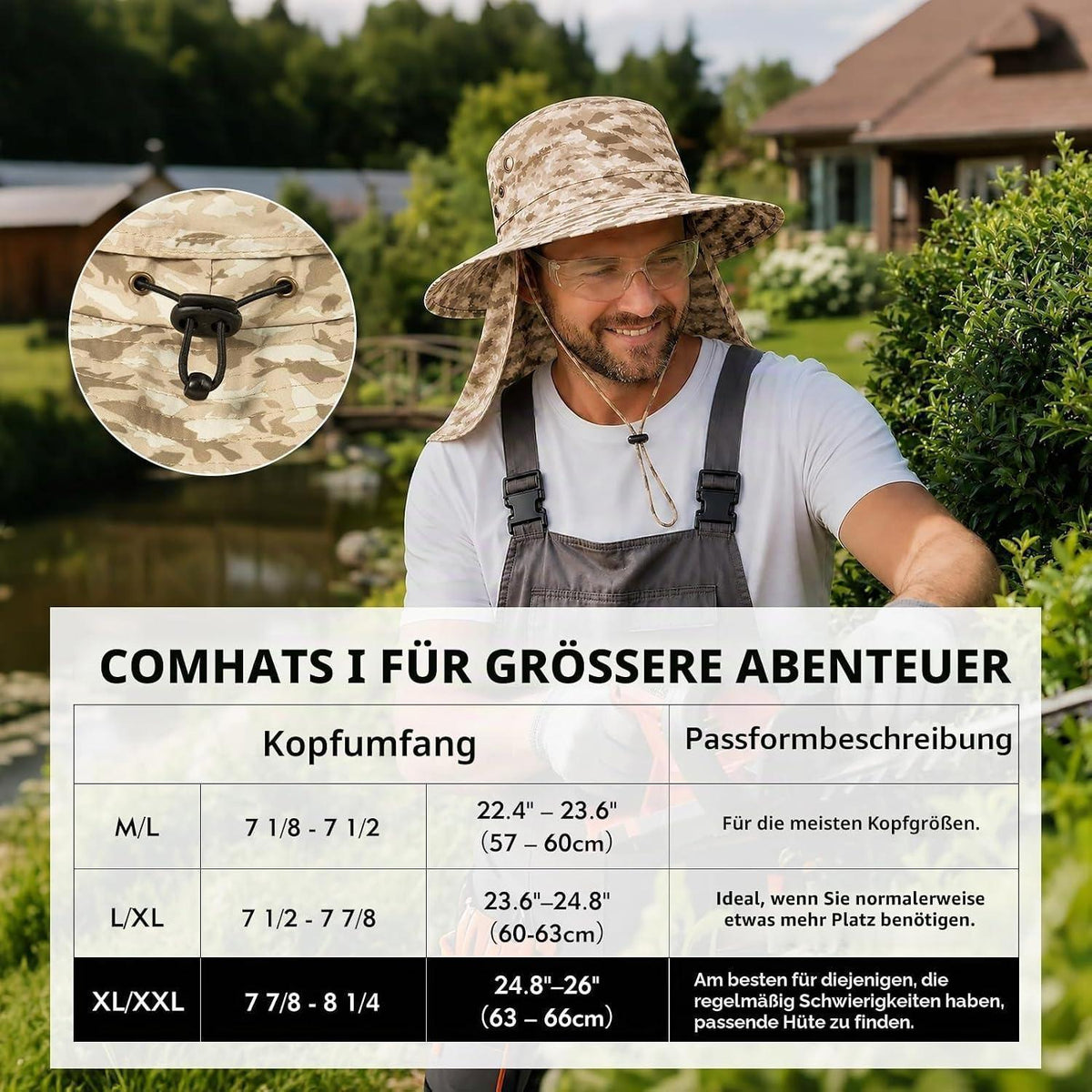 Sonnenhut mit Nackenschutz UPF 50 | Wasserdicht & Kühlend | Beige XL-XXL