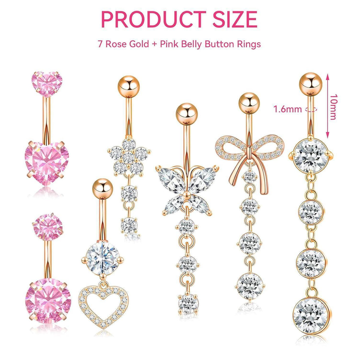 7er Set Bauchnabelpiercing Edelstahl Zirkonia Herz Pinkgold