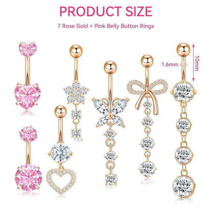 7er Set Bauchnabelpiercing Edelstahl Zirkonia Herz Pinkgold