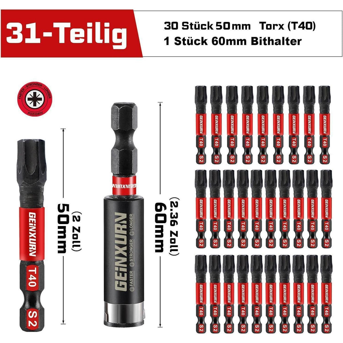Schlagfester Torx T40 Schrauberbitsatz 50mm, 30 Stück mit Magnet-Bit-Halter