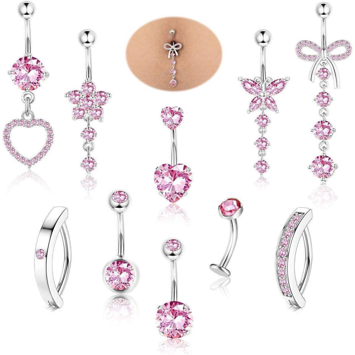 10er Set Bauchnabelpiercing Chirurgenstahl 14G Herz Blume Schmetterling Gold Silber