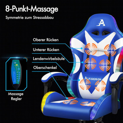 Massage-Gaming-Stuhl mit LED und Fußstütze, 150° Neigung, ergonomisch, höhenverstellbar, blau-weiß, 180 kg Tragkraft