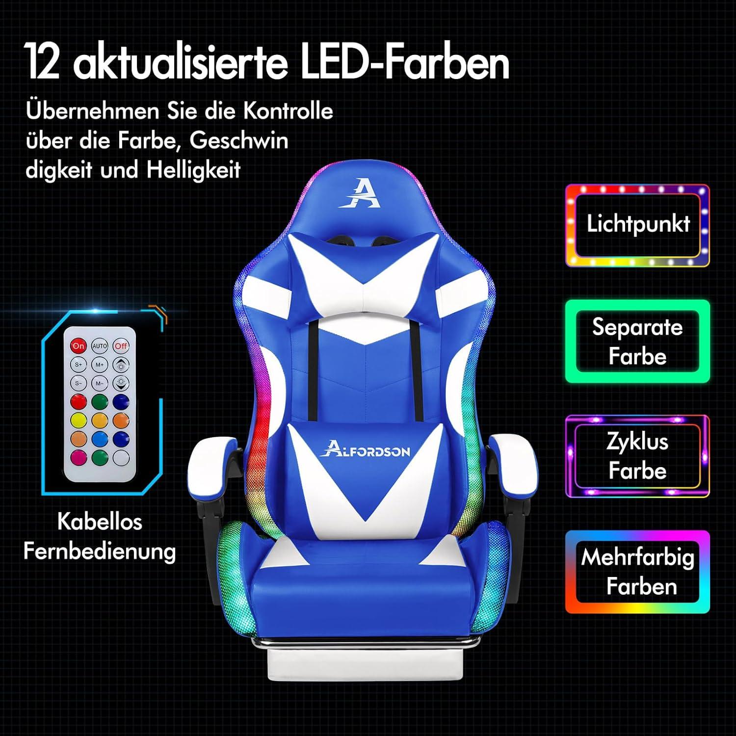 Massage Gaming Stuhl LED 150° Neigung Chefsessel Blau