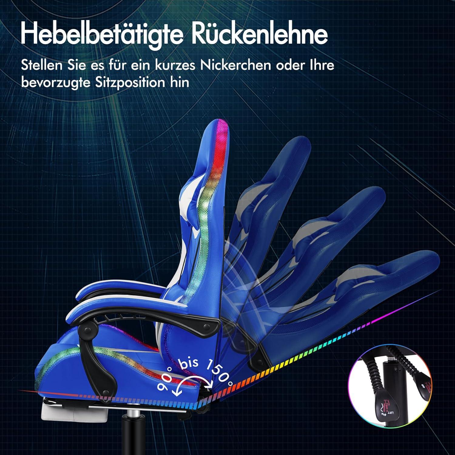 Massage Gaming Stuhl LED 150° Neigung Chefsessel Blau