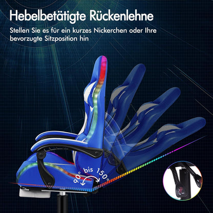 Massage Gaming Stuhl LED 150° Neigung Chefsessel Blau