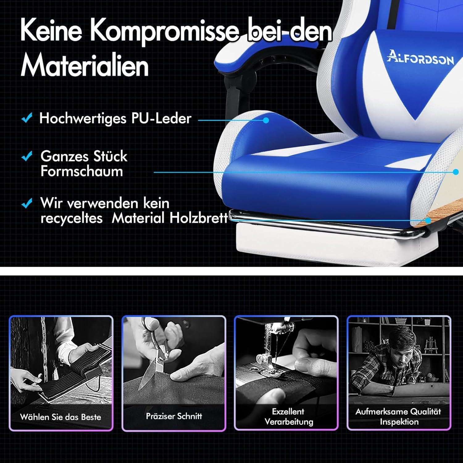 Massage-Gaming-Stuhl mit LED und Fußstütze, 150° Neigung, ergonomisch, höhenverstellbar, blau-weiß, 180 kg Tragkraft