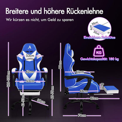 Gaming-Stuhl mit Massagepunkten, Fußstütze, Neigung - Blau