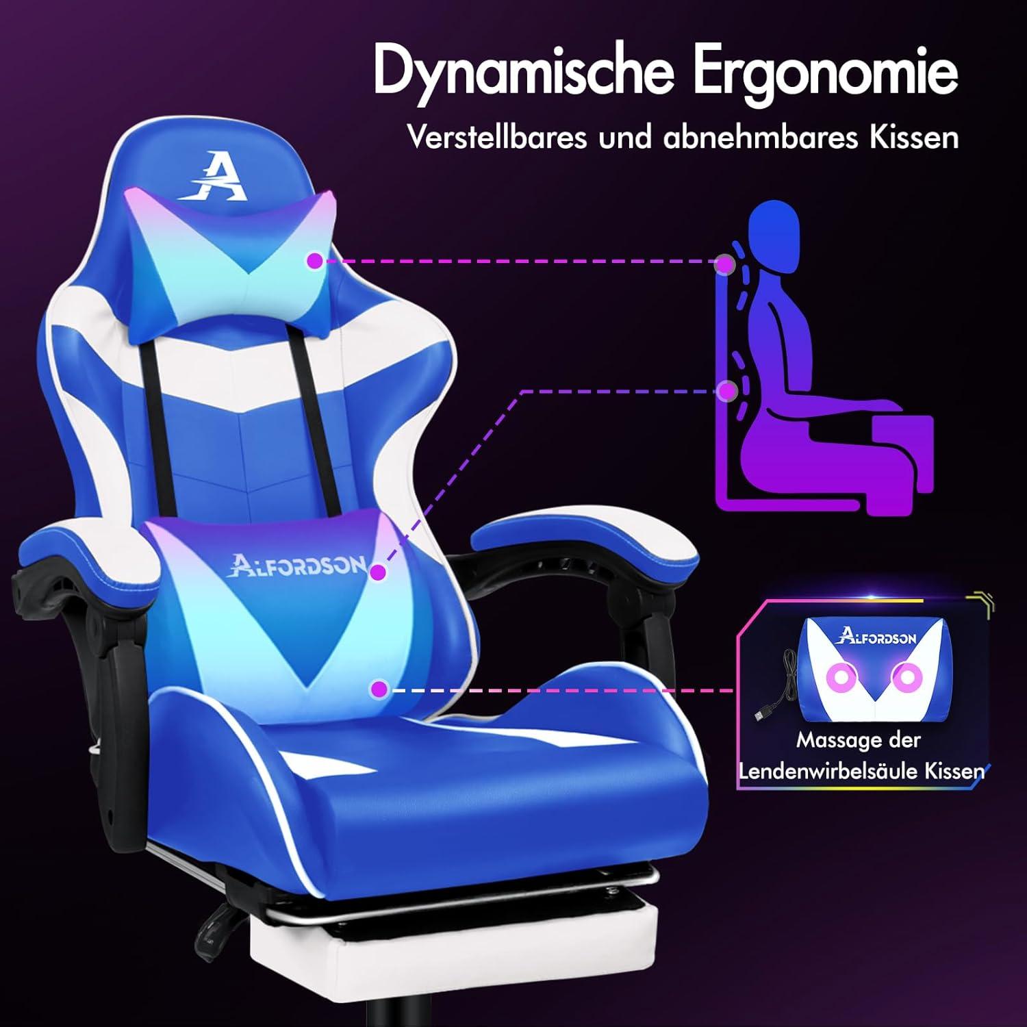 Gamer-Stuhl mit Fußstütze, Massagepunkten, 150° Neigung, ergonomisch, höhenverstellbar, 180 kg Tragkraft, Blau