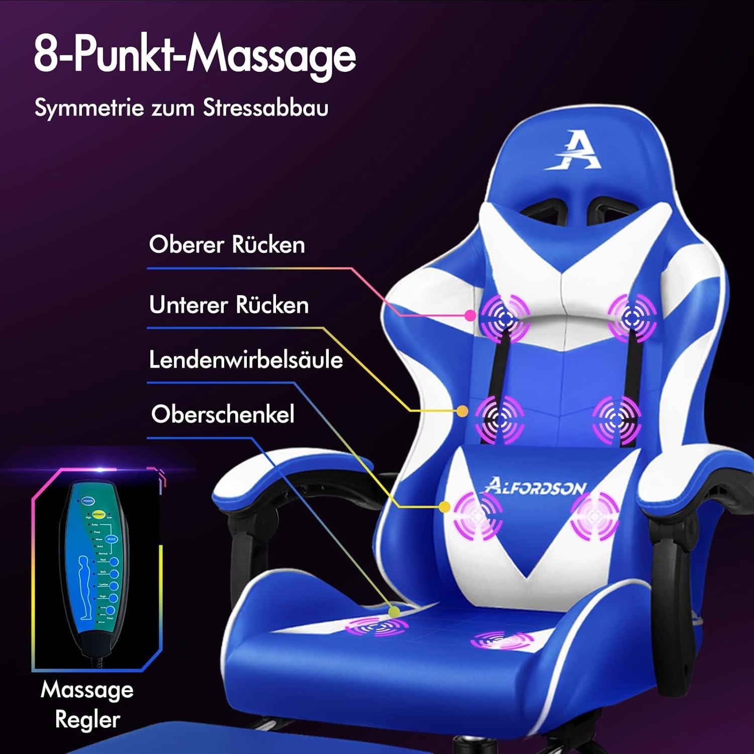 Ergonomischer Gaming-Stuhl mit Massage, Fußstütze & Neigung, PU-Leder