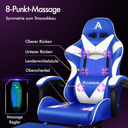 Ergonomischer Gaming-Stuhl mit Massage, Fußstütze & Neigung, PU-Leder