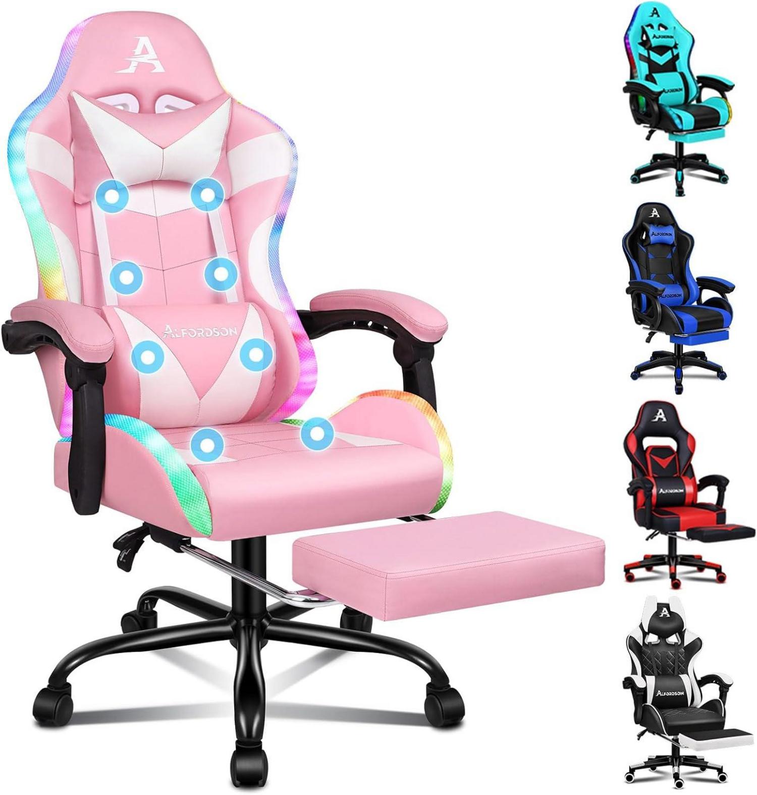 LED Massage Gaming Stuhl mit Fußstütze, 150° Neigung, ergonomisch