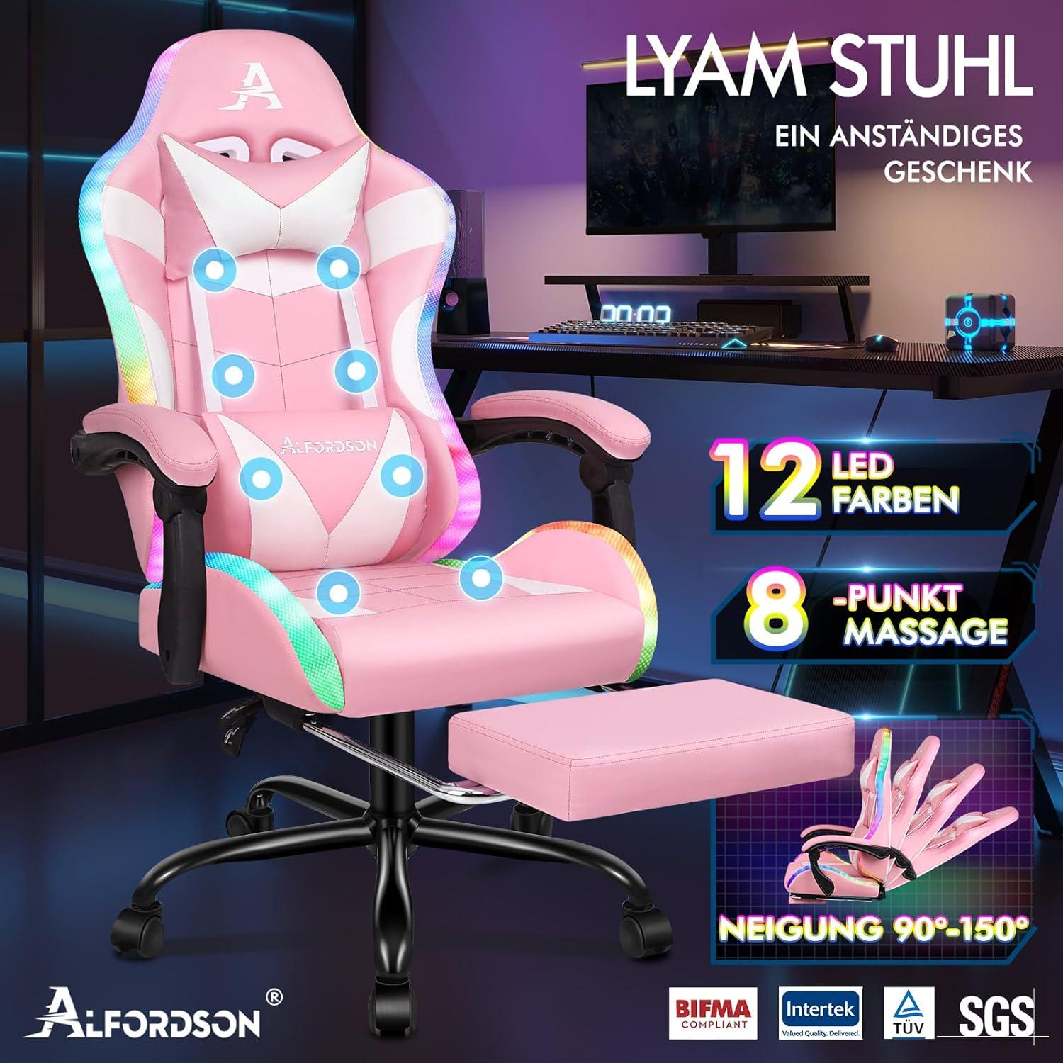 LED Massage Gaming Stuhl mit Fußstütze, 150° Neigung, ergonomisch