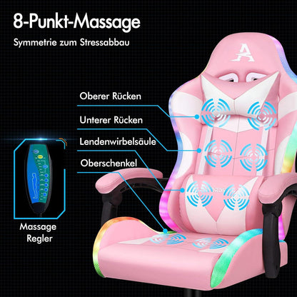 Massage-Gaming-Stuhl mit LED, 150° Neigung, ergonomischer Chefsessel, höhenverstellbar, PU-Leder, Rosa