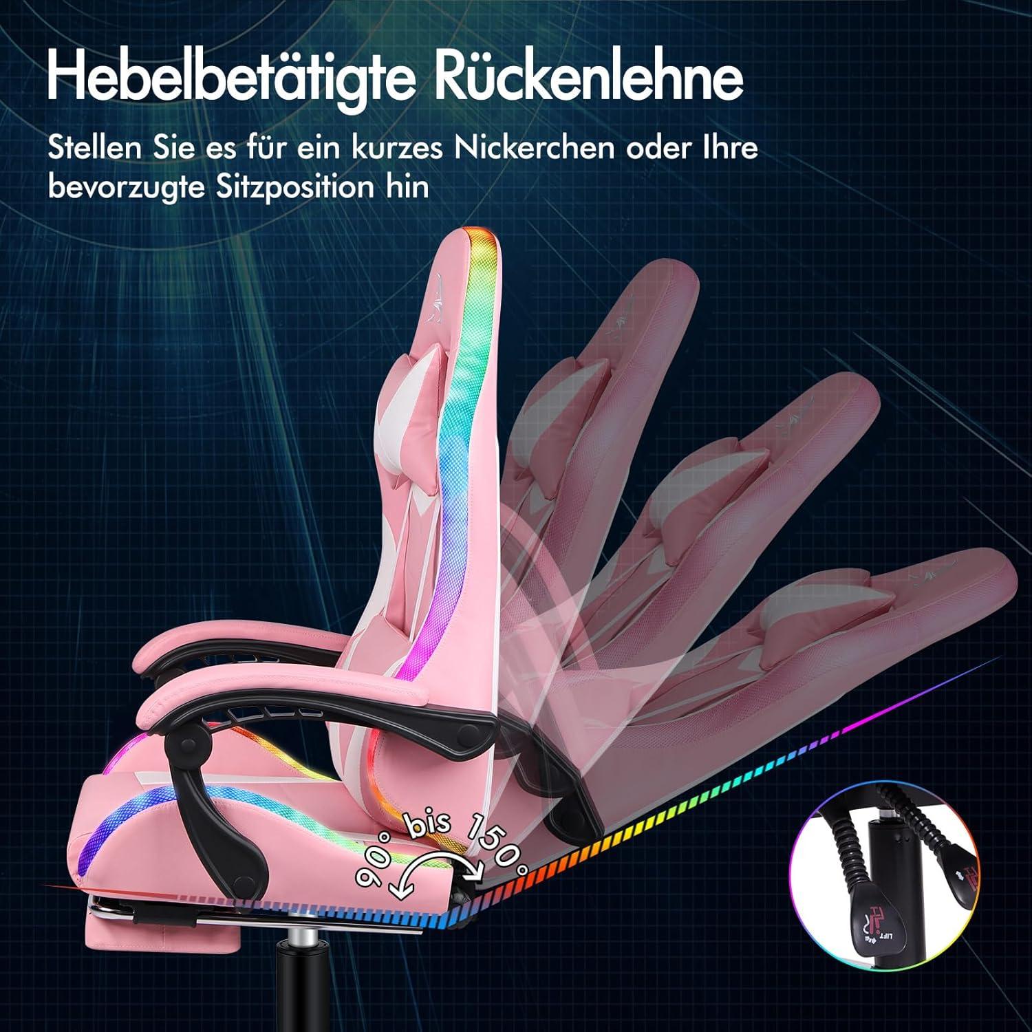 Rosa Lyam Massage-Gaming-Stuhl LED 150° Neigung ergonomisch höhenverstellbar