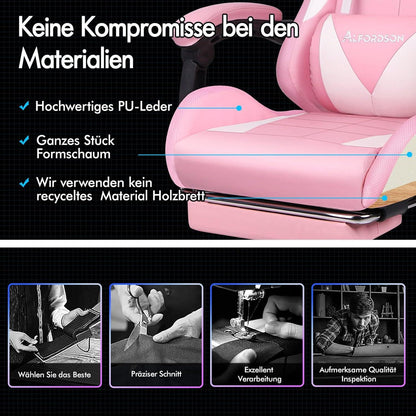 Massage-Gaming-Stuhl mit LED, 150° Neigung, ergonomischer Chefsessel, höhenverstellbar, PU-Leder, Rosa