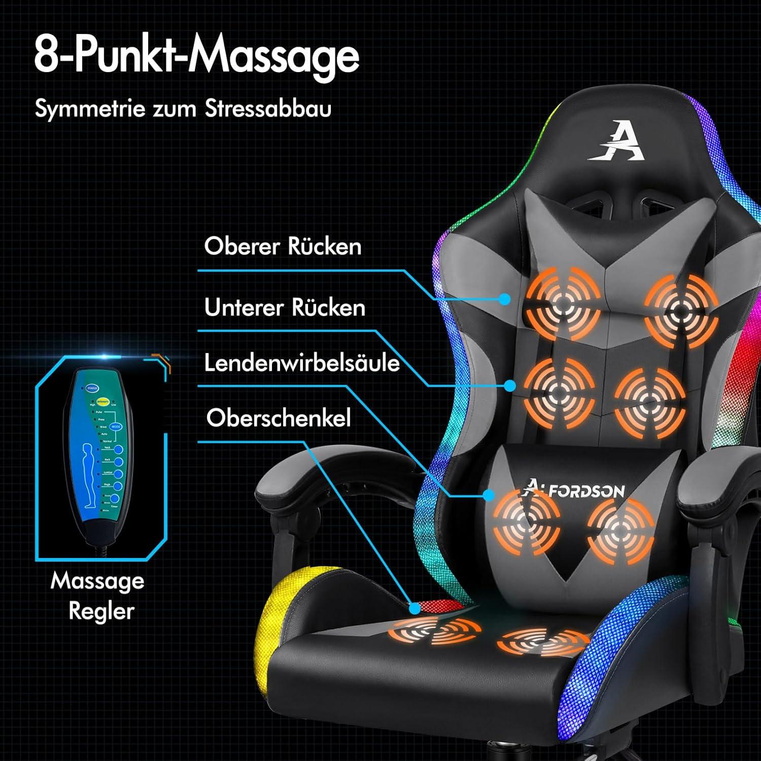 ALFORDSON Massage-Gaming-Stuhl mit LED und 150° Neigung - Grau Lyam Serie