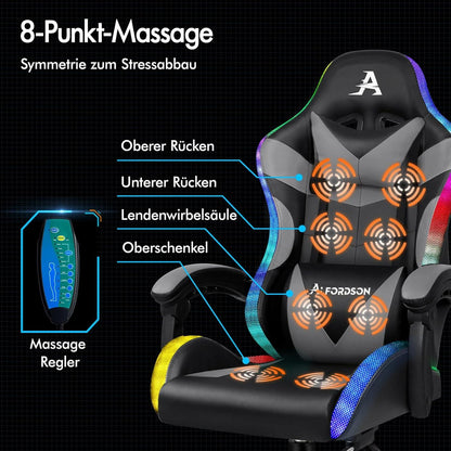 ALFORDSON Massage-Gaming-Stuhl mit LED und 150° Neigung - Grau Lyam Serie