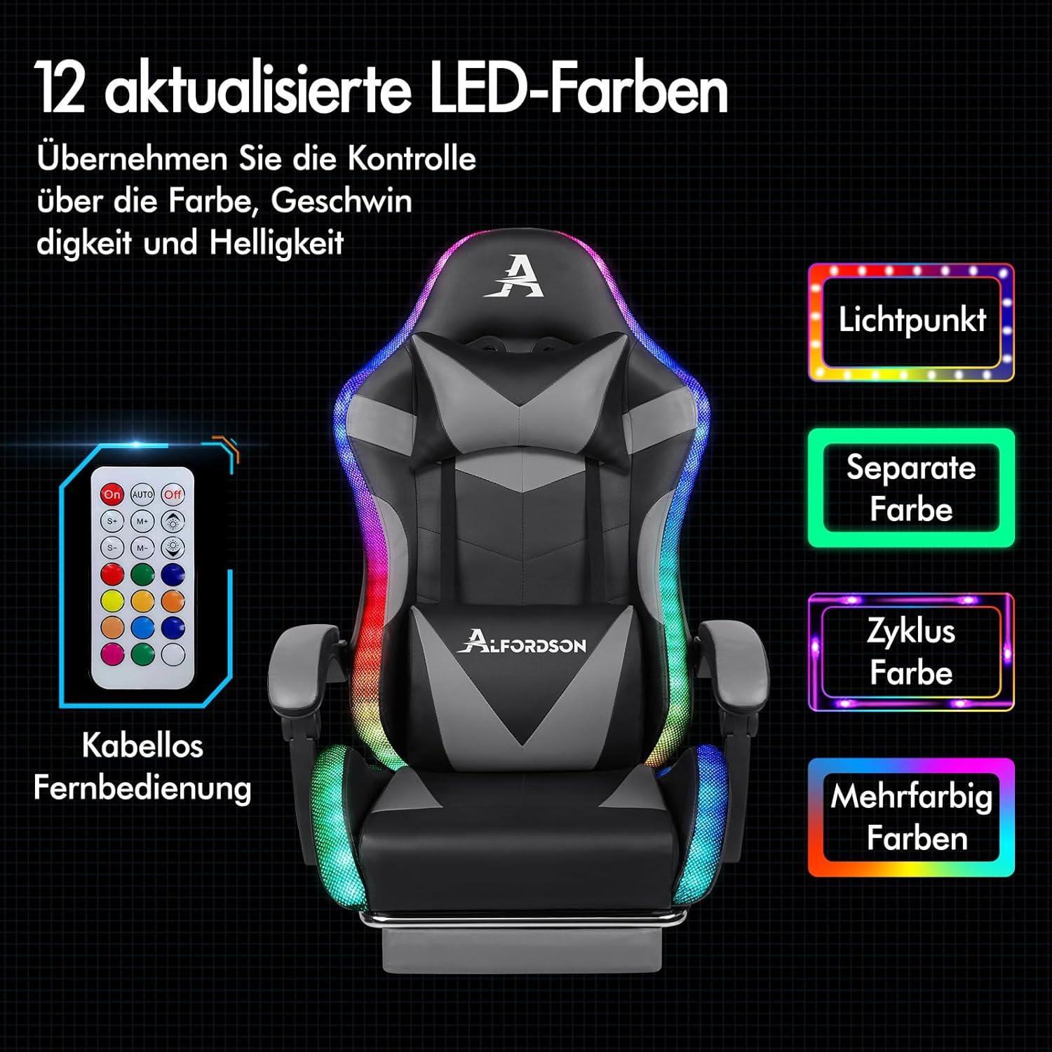 Gaming Stuhl LED Massage 150° Neigung Fußstütze höhenverstellbar Grau