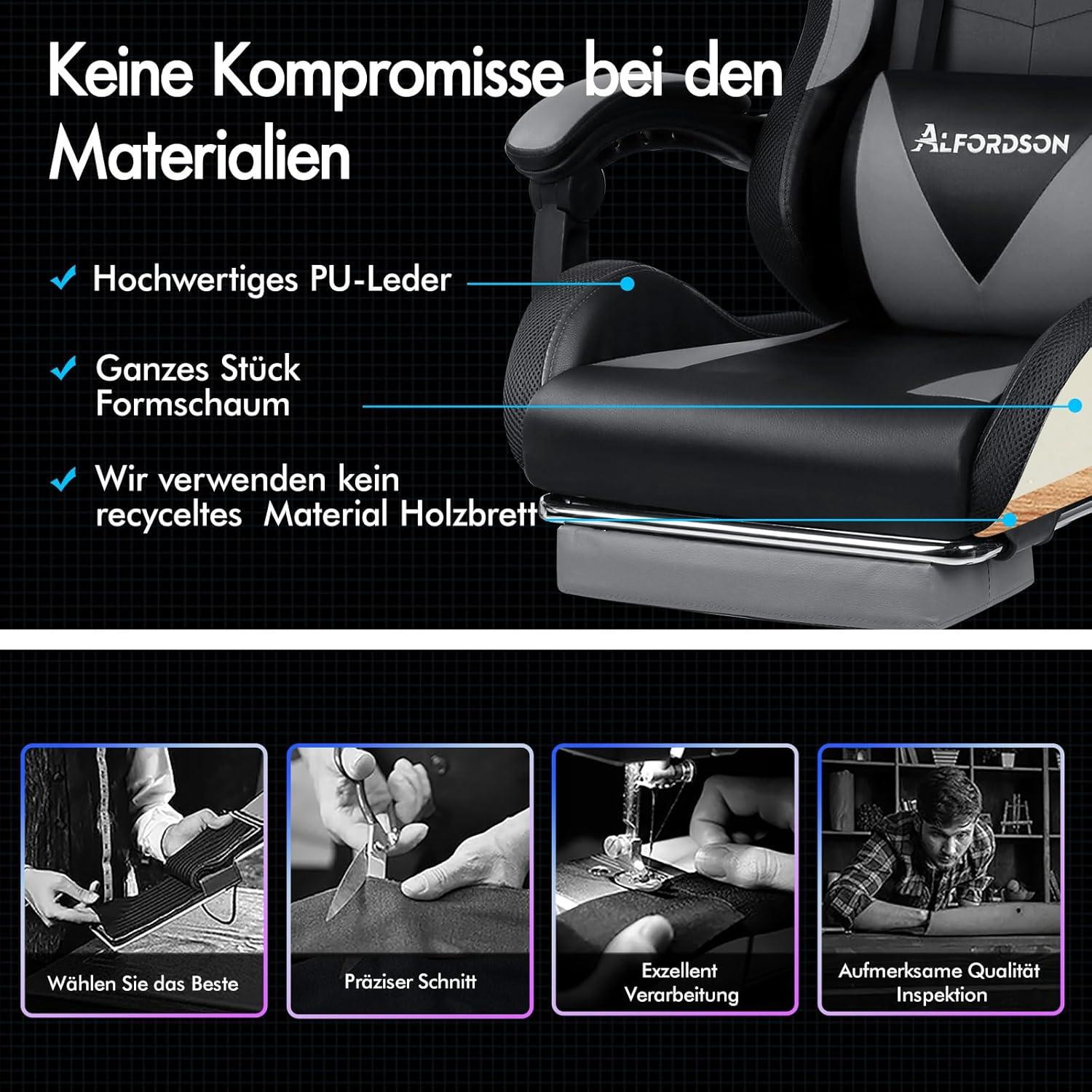 ALFORDSON Massage-Gaming-Stuhl mit LED und 150° Neigung - Grau Lyam Serie