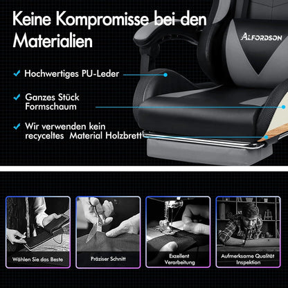 ALFORDSON Massage-Gaming-Stuhl mit LED und 150° Neigung - Grau Lyam Serie