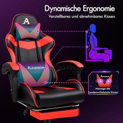 Gaming-Stuhl mit einziehbarer Fußstütze, Racing-Sessel, 8 Massagepunkte, 150° Neigung, ergonomischer Chefsessel, PU-Leder, höhenverstellbar, 180 kg