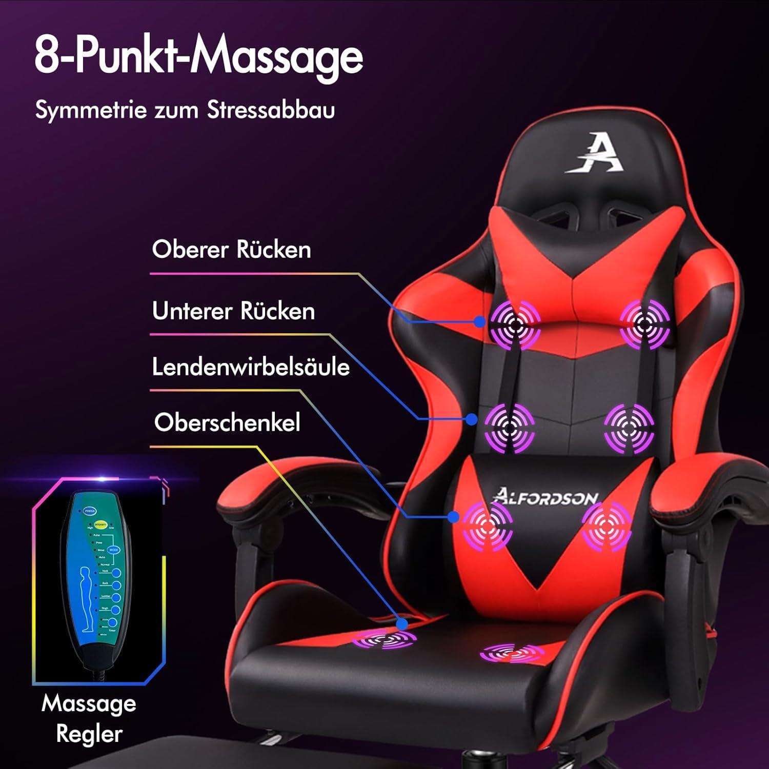 Gaming Stuhl mit Massagepunkten und Fußstütze, 150° Neigung, PU-Leder, Rot Eryx