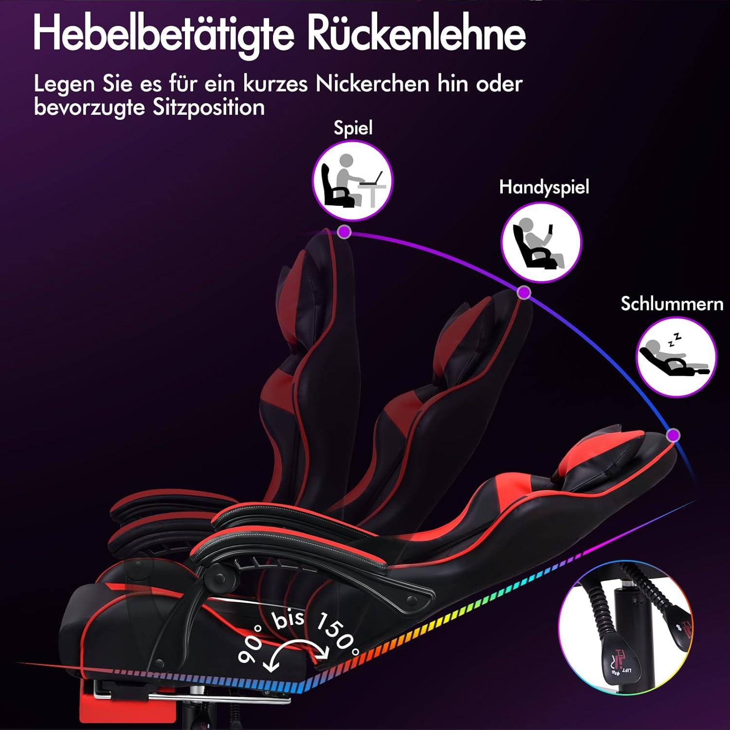 Gaming-Stuhl mit einziehbarer Fußstütze 8 Massagepunkten 150° Neigung