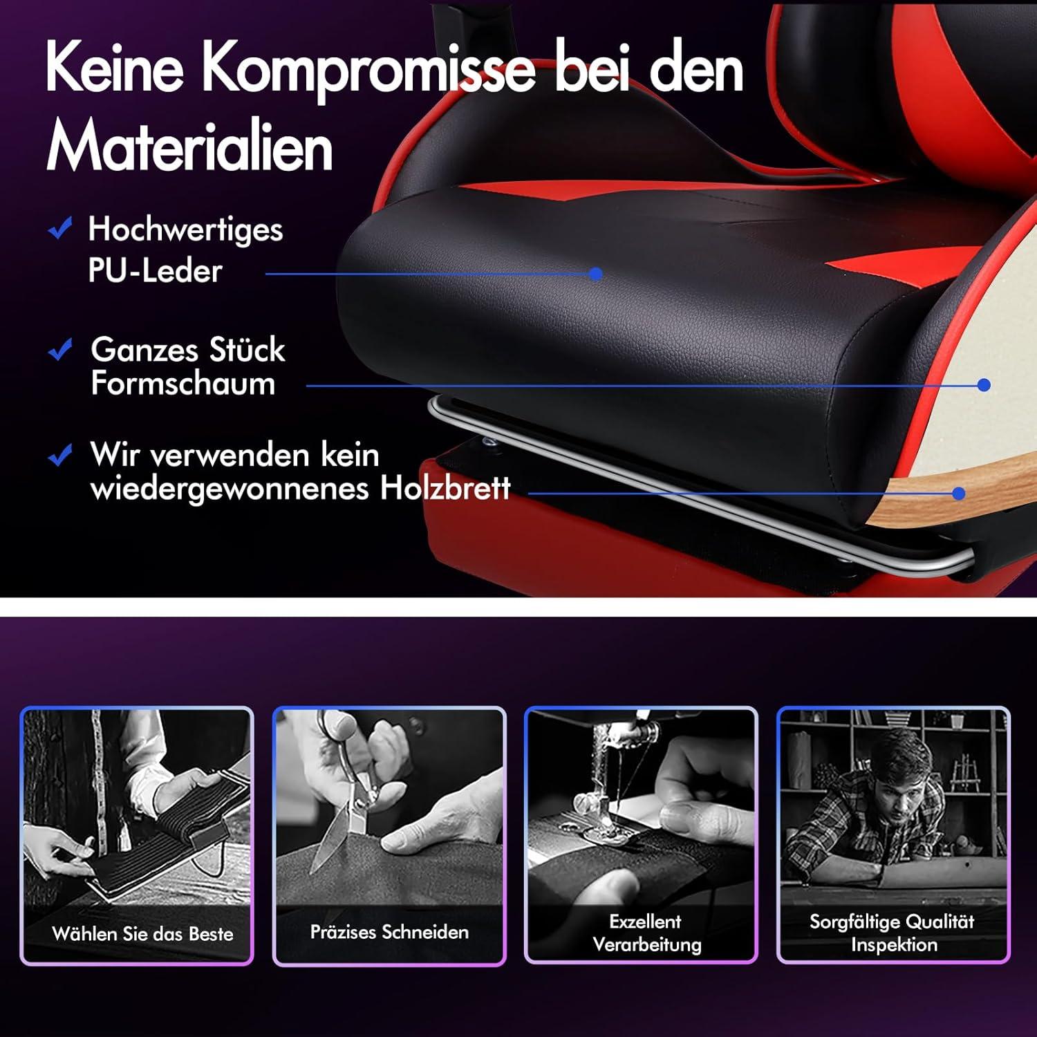 Gaming Stuhl mit Massagepunkten und Fußstütze, 150° Neigung, PU-Leder, Rot Eryx