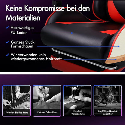 Gaming Stuhl mit Massagepunkten und Fußstütze, 150° Neigung, PU-Leder, Rot Eryx