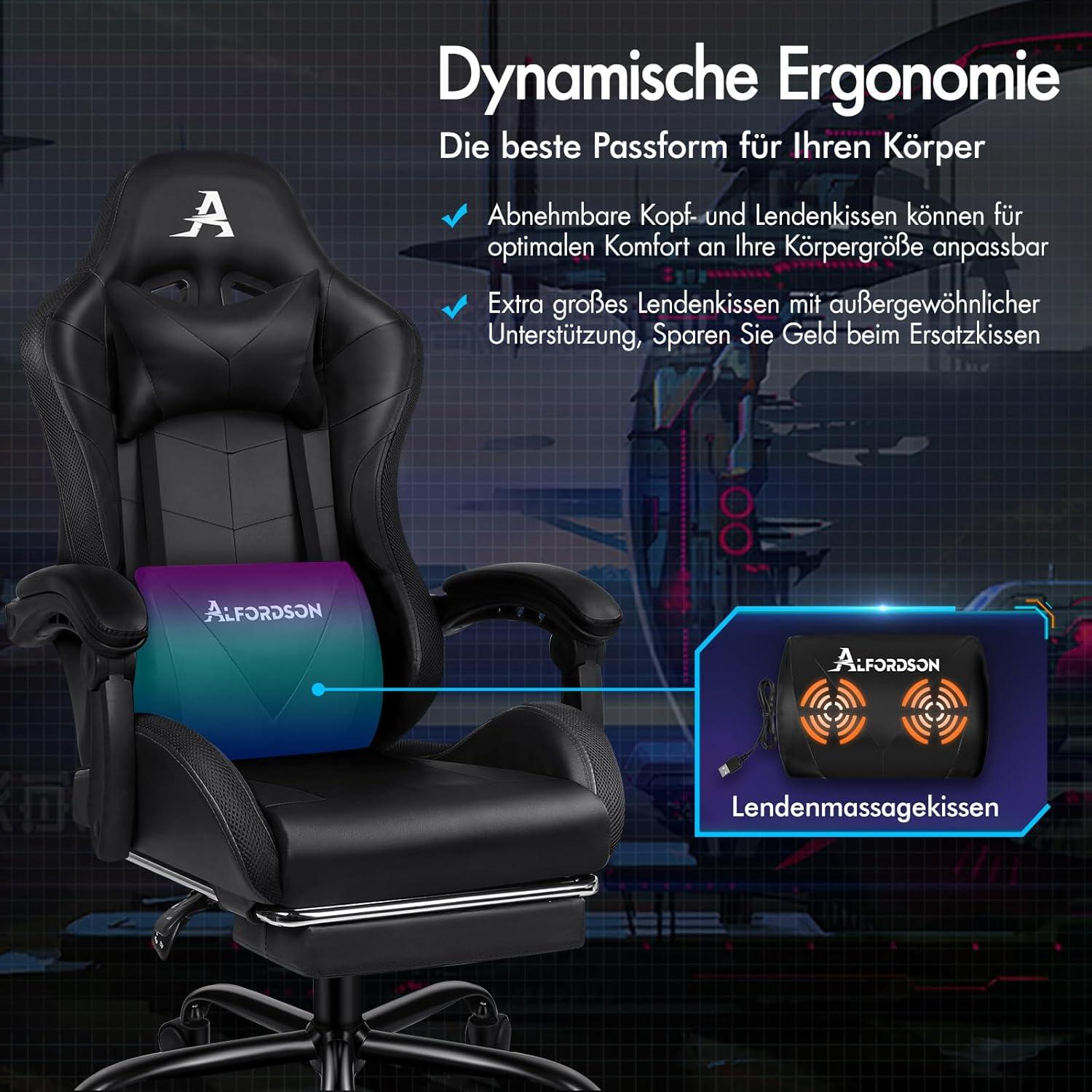 Massage-Gaming-Stuhl mit LED 150° Neigung Schwarz PU-Leder