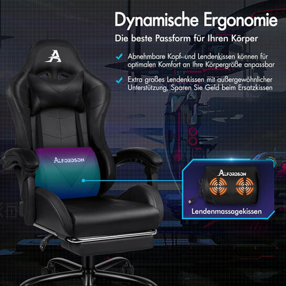 Massage-Gaming-Stuhl mit LED 150° Neigung Schwarz PU-Leder