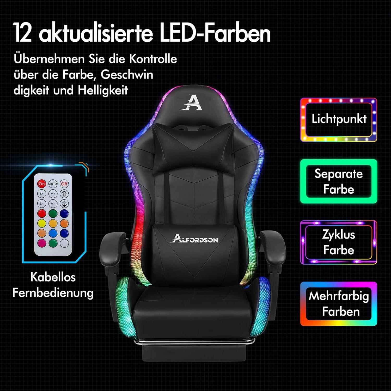 Massage-Gaming-Stuhl LED 150° Neigung ergonomisch höhenverstellbar Schwarz