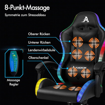 Massage Gaming Stuhl LED 150° Neigung ergonomisch PU-Leder Schwarz