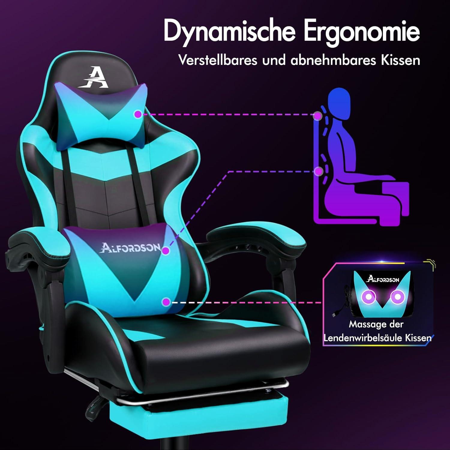 ALFORDSON Gaming-Stuhl mit Massagepunkten und einziehbarer Fußstütze