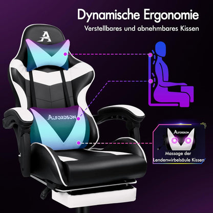 Gaming-Stuhl mit Fußstütze, Massagepunkten, Neigung, PU-Leder, höhenverstellbar, 180 kg, Weiß Eryx