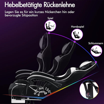 Gaming Stuhl mit Massage 8 Punkten Fußstütze 150° Neigung