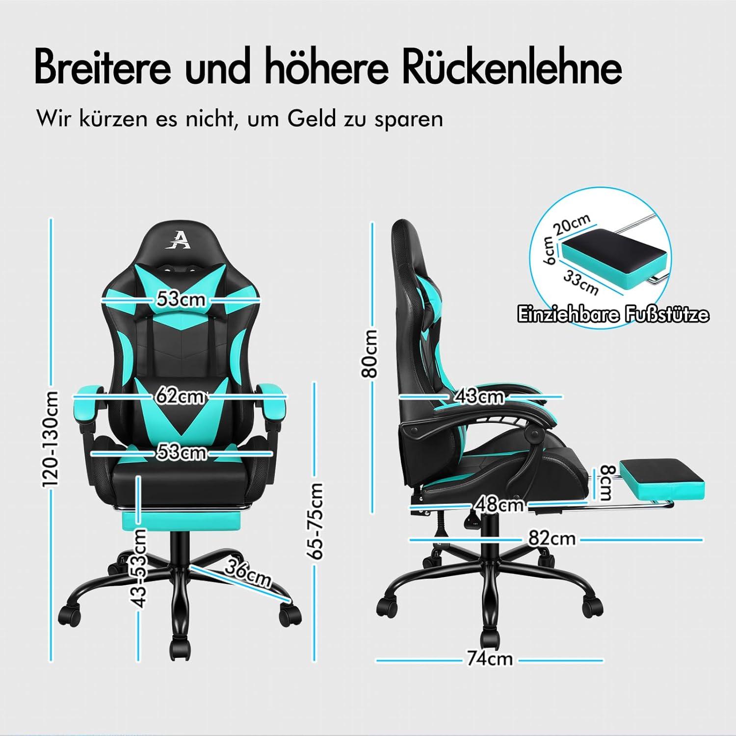 Massage-Gaming-Stuhl mit LED und Fußstütze, Cyan Lyam-Serie
