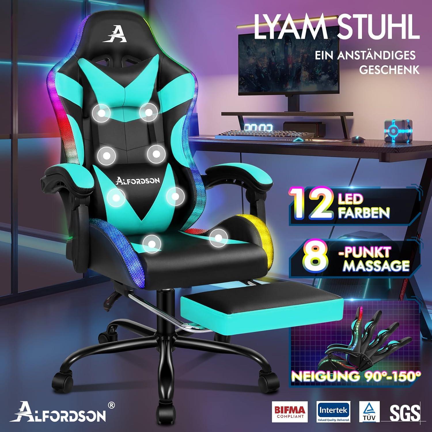 Massage-Gaming-Stuhl LED Neigung höhenverstellbar Rennstuhl 180 kg