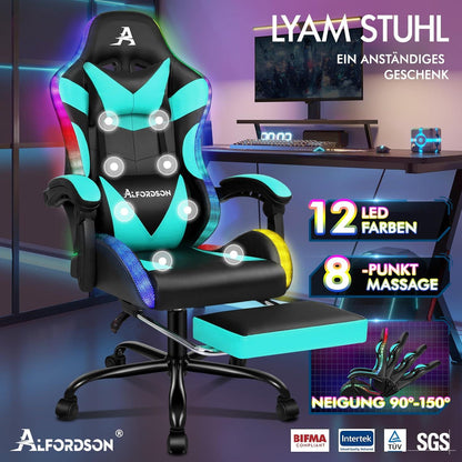 Massage-Gaming-Stuhl LED Neigung höhenverstellbar Rennstuhl 180 kg