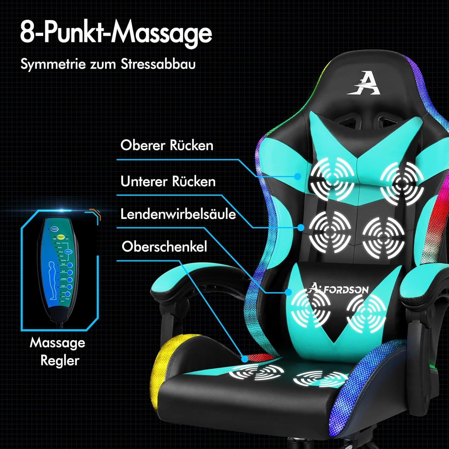 Massage-Gaming-Stuhl LED 150° Neigung ergonomischer Chefsessel PU-Leder Fußstütze höhenverstellbar Rennstuhl 180 kg Cyan Lyam-Serie
