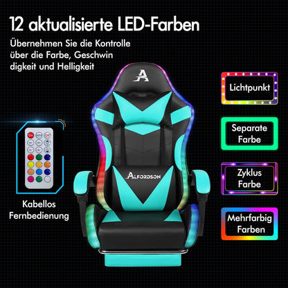 ALFORDSON Gaming-Stuhl LED 150° Neigung Massage PU höhenverstellbar Cyan Lyam